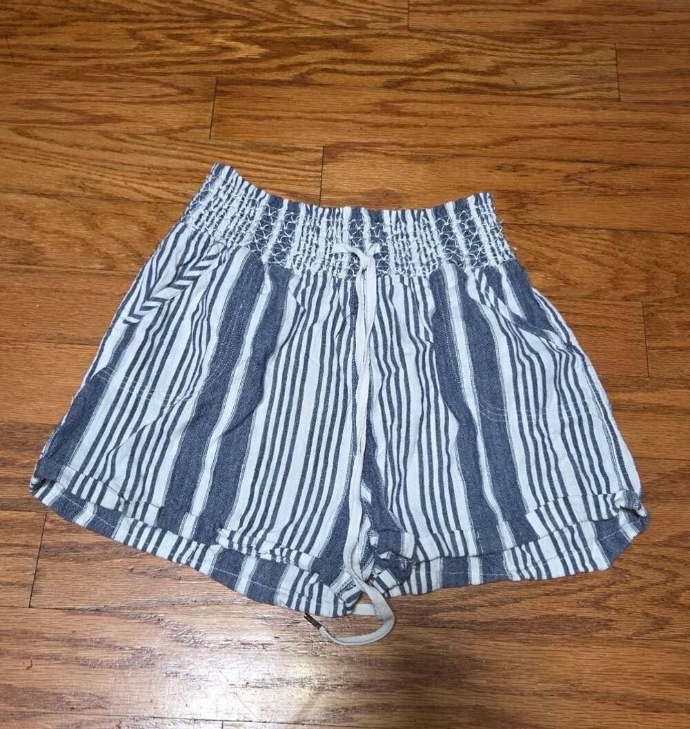 Derek Heart Blue and White Striped Linen Shorts w Smocked Waist and Drawstring